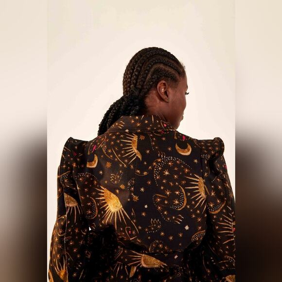 Farm Rio Leopard Sky Celestial Puff Sleeve Belted Blazer brown Jacket size large - Picture 4 of 9